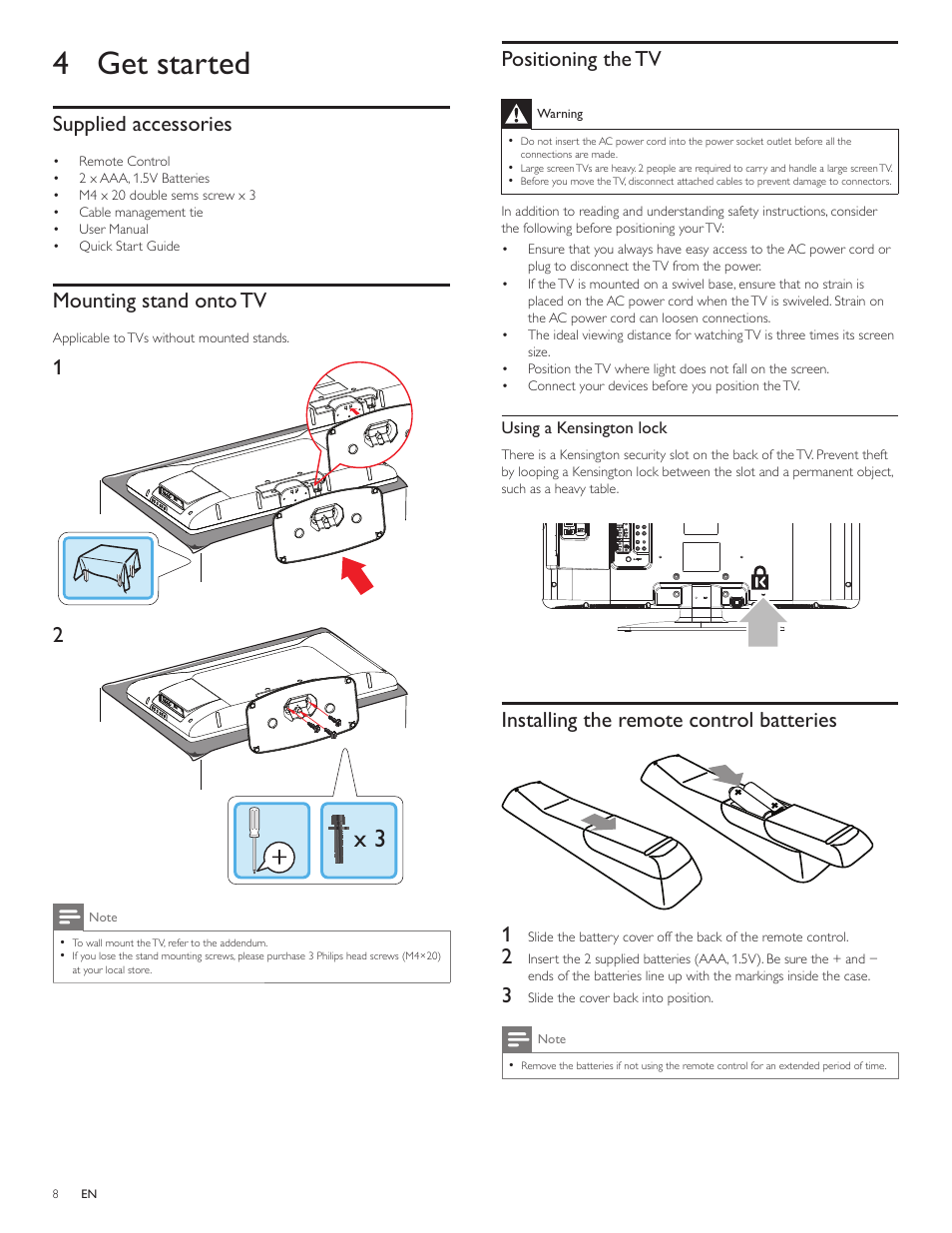 4 get started, Supplied accessories, Mounting stand onto tv | Positioning the tv, Installing the remote control batteries, Installing the remote control batteries 1 | Philips 32PFL3505D-F7 User Manual | Page 9 / 34