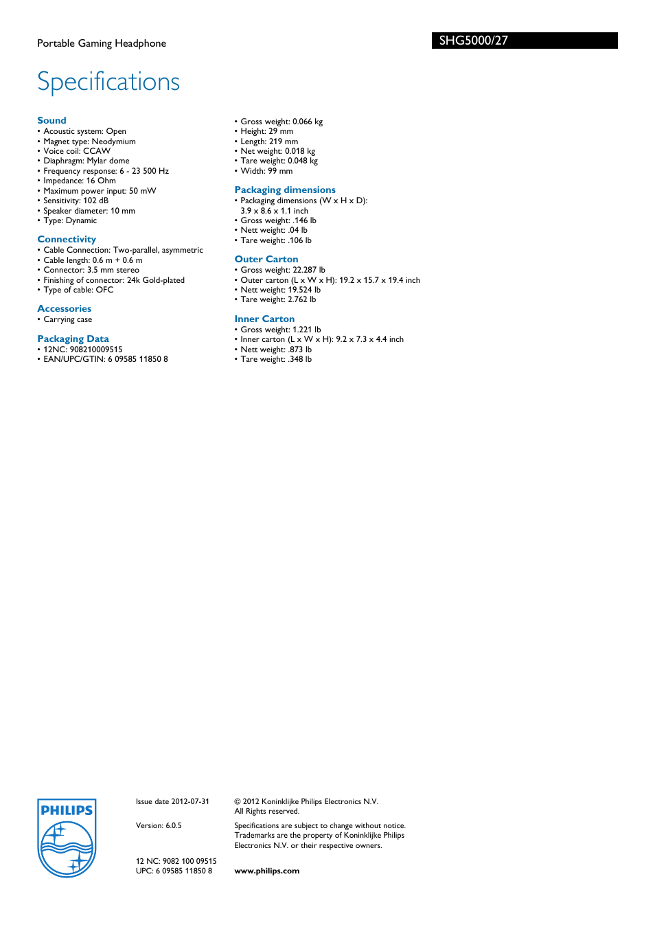 Specifications | Philips SHG5000-27 User Manual | Page 2 / 2