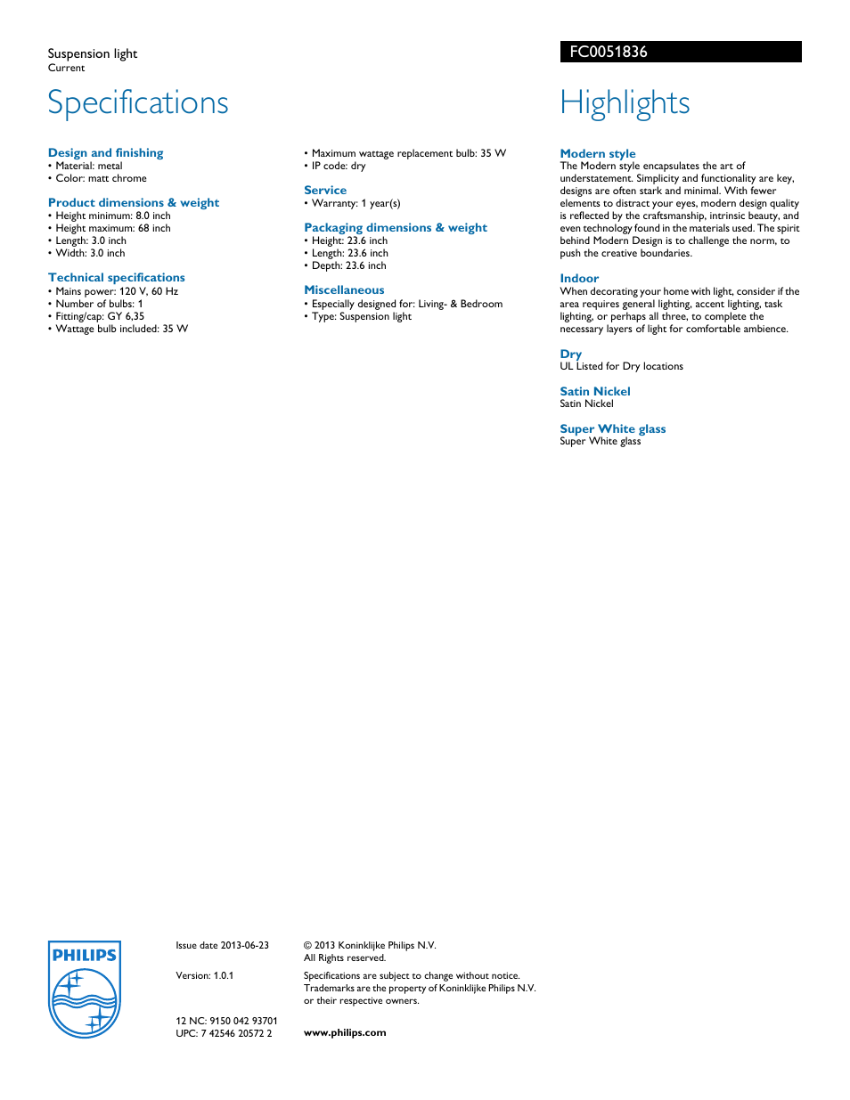 Specifications, Highlights | Philips FC0051836 User Manual | Page 2 / 2