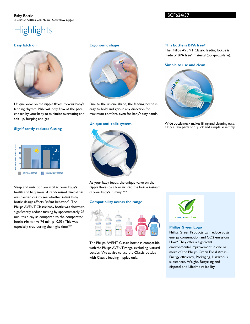 Highlights | Philips AVENT Baby Bottle SCF624-37 3 Classic bottles 9oz-260ml Slow flow nipple User Manual | Page 2 / 3