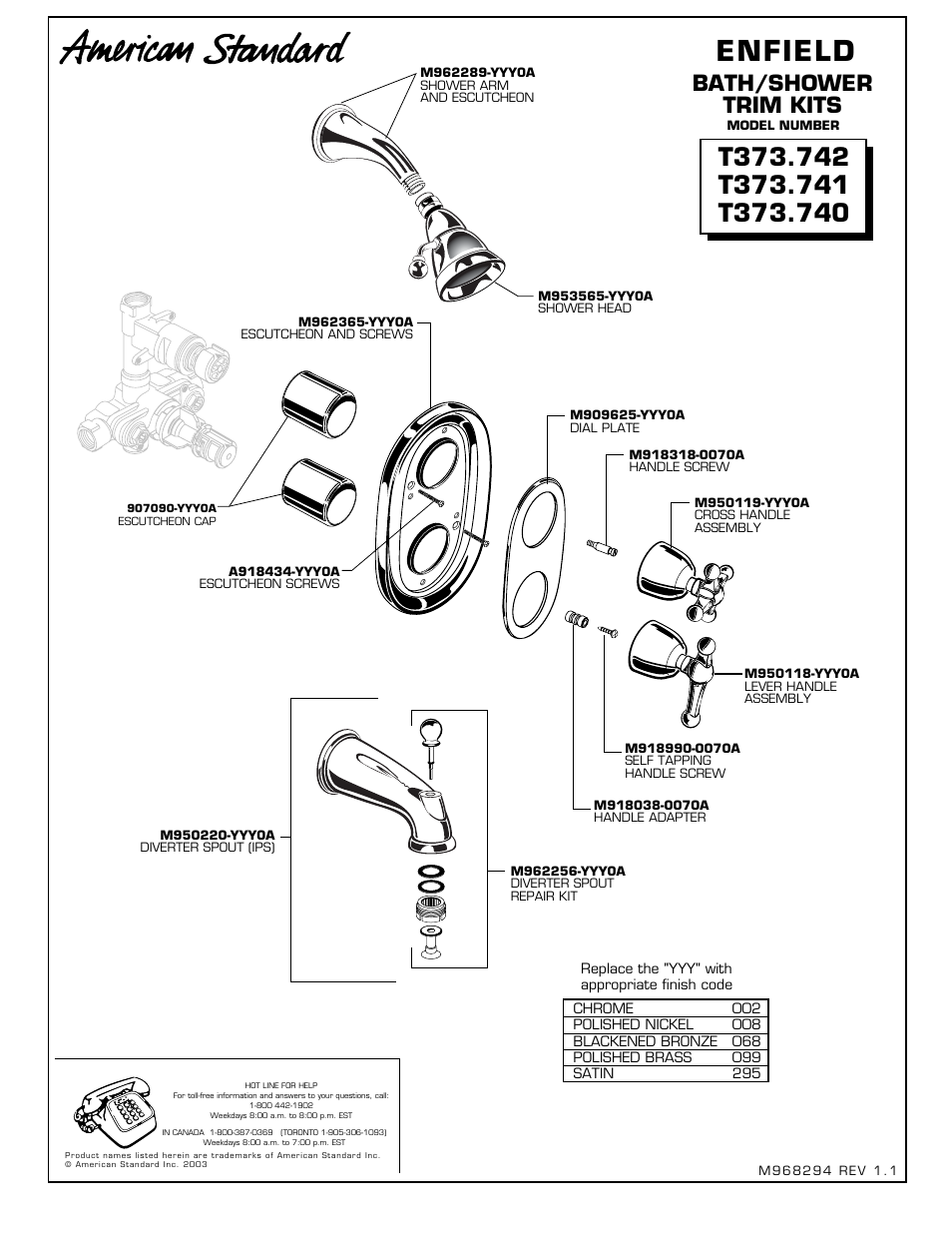 Enfield, Bath/shower trim kits | American Standard Enfield T373.740 User Manual | Page 3 / 6
