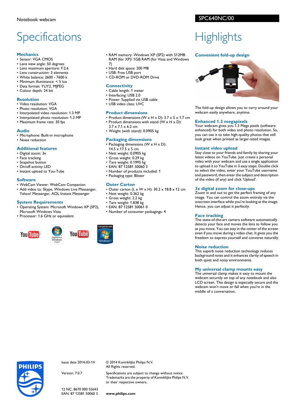 Specifications, Highlights | Philips SPC640NC-00 User Manual | Page 2 / 2