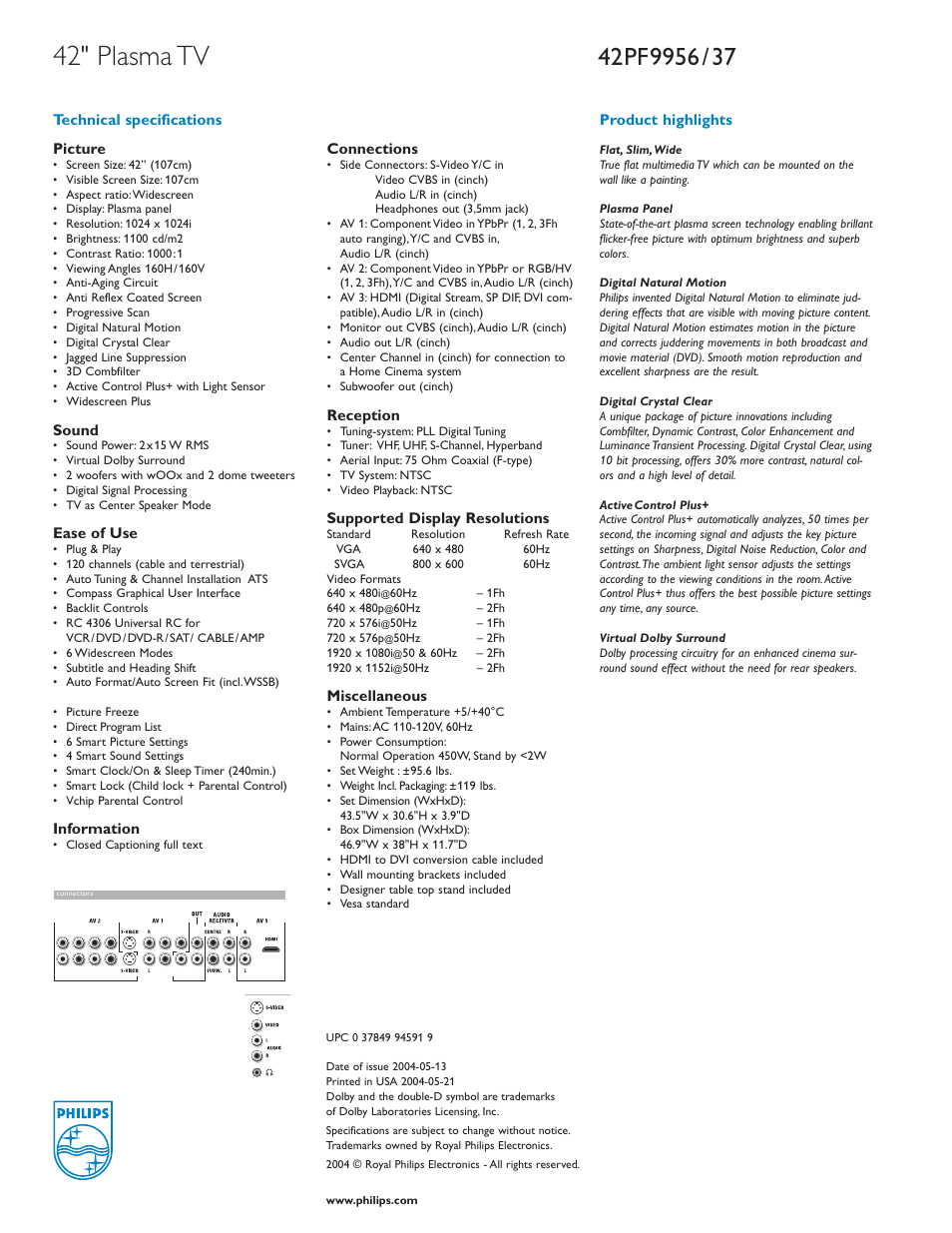 42" plasma tv, Picture, Sound | Ease of use, Information, Connections, Reception, Supported display resolutions, Miscellaneous, Technical specifications product highlights | Philips 42PF9956-37B User Manual | Page 2 / 2