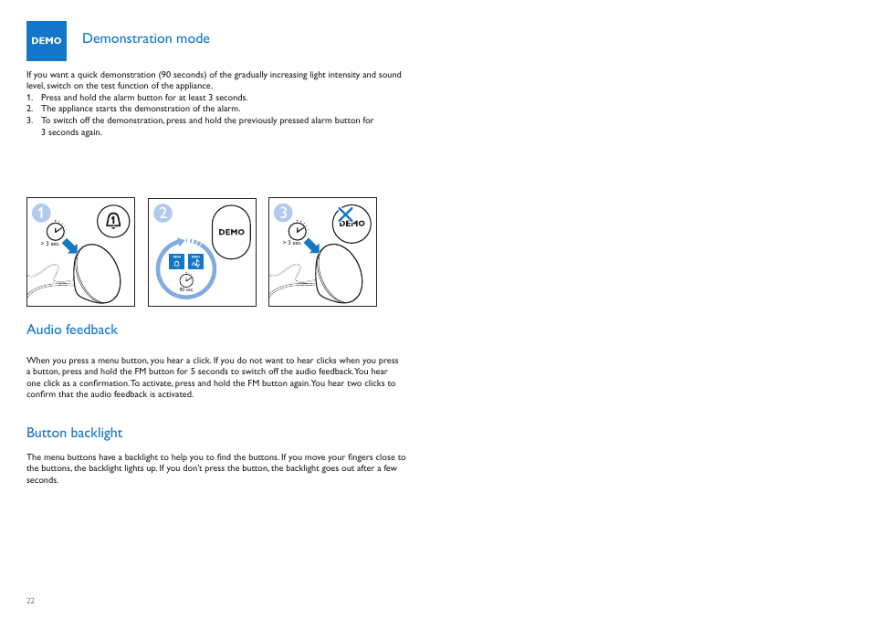 Demonstration mode, Audio feedback, Button backlight | Philips HF3510-60 User Manual | Page 12 / 14