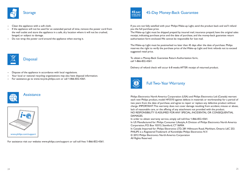 Assistance, Storage, Disposal | Day money-back guarantee, Full two-year warranty | Philips HF3510-60 User Manual | Page 13 / 14