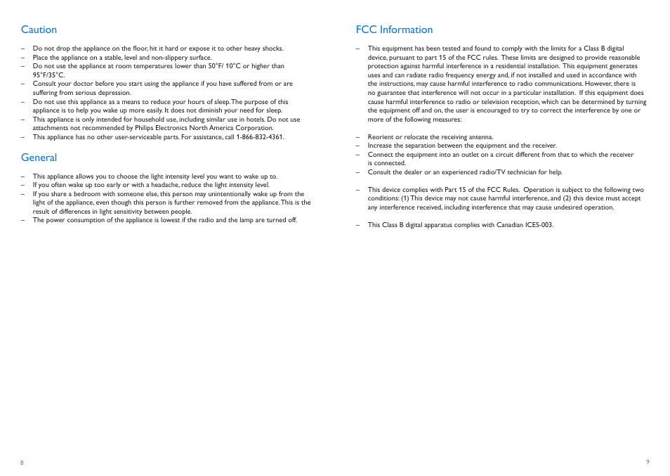 Caution, General, Fcc information | Philips HF3510-60 User Manual | Page 5 / 14