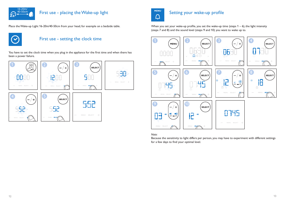 First use - setting the clock time, First use - placing the wake-up light, Setting your wake-up profile | Philips HF3510-60 User Manual | Page 7 / 14