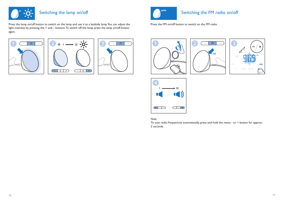 Switching the lamp on/off, Switching the fm radio on/off | Philips HF3510-60 User Manual | Page 9 / 14