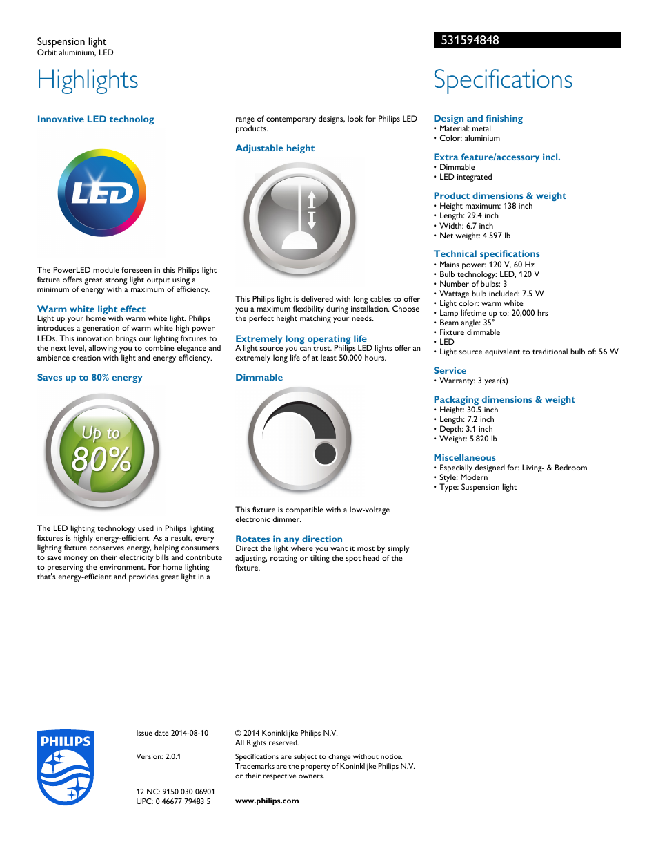 Highlights, Specifications | Philips 531594848 User Manual | Page 2 / 2