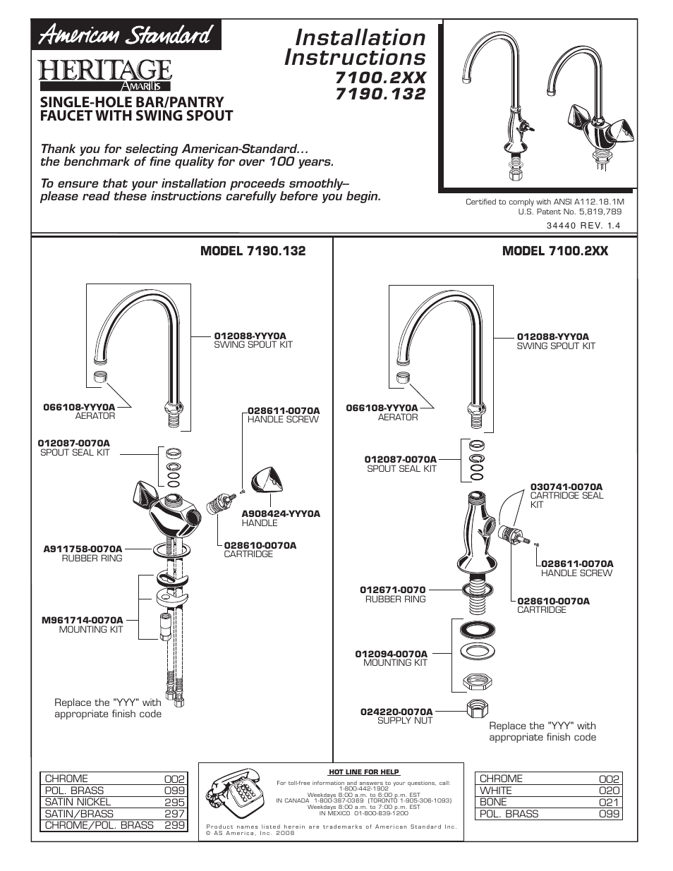 American Standard HERITAGE 7100.2XX User Manual | 2 pages