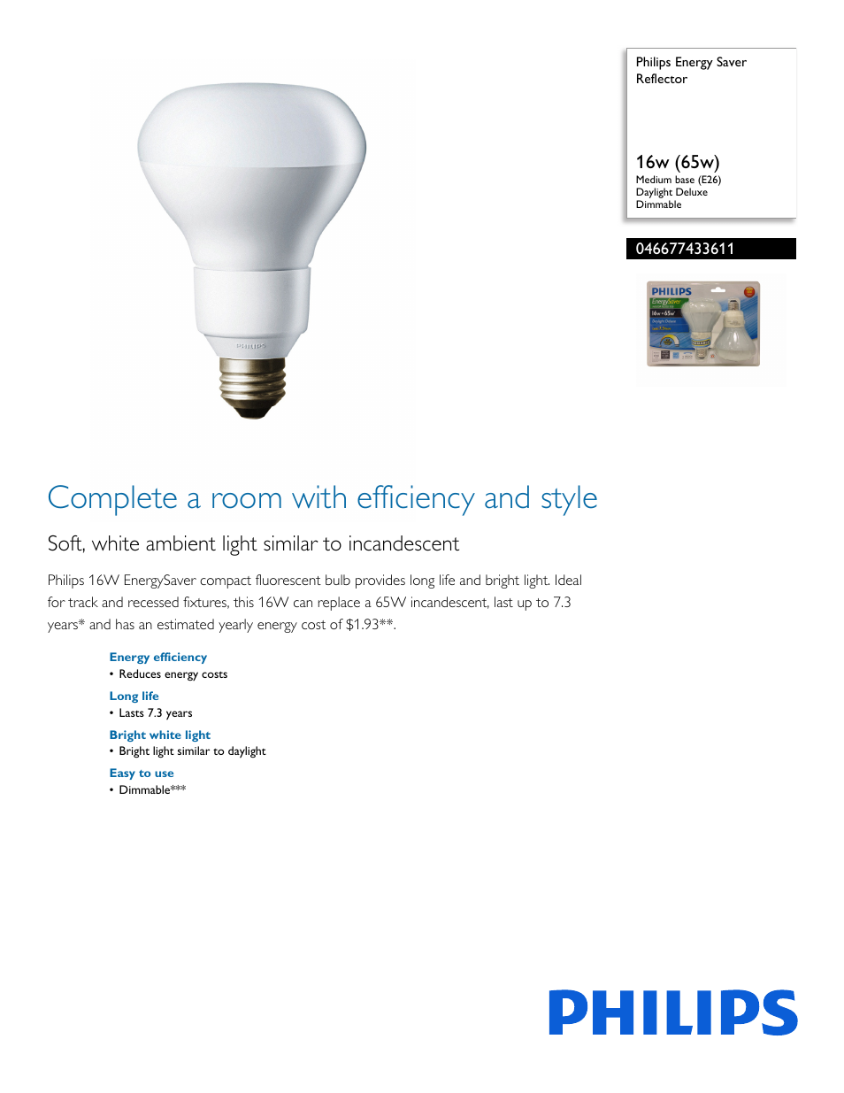 Philips Energy Saver Reflector 046677433611 16w 65w Medium base E26 Daylight Deluxe Dimmable User Manual | 2 pages