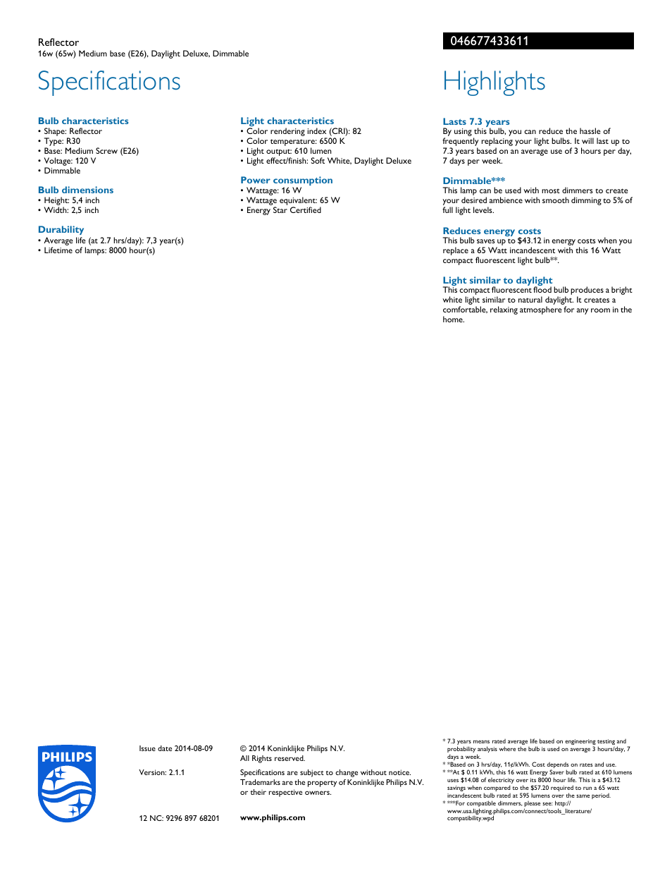 Specifications, Highlights | Philips Energy Saver Reflector 046677433611 16w 65w Medium base E26 Daylight Deluxe Dimmable User Manual | Page 2 / 2