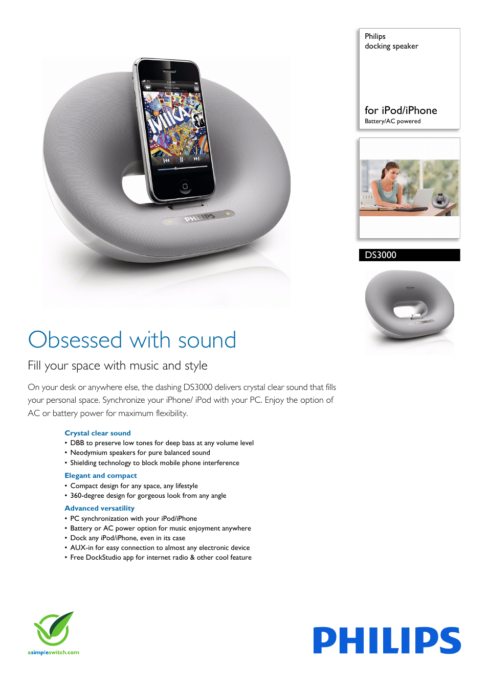 Philips docking speaker DS3000 for iPod-iPhone Battery-AC powered User Manual | 2 pages