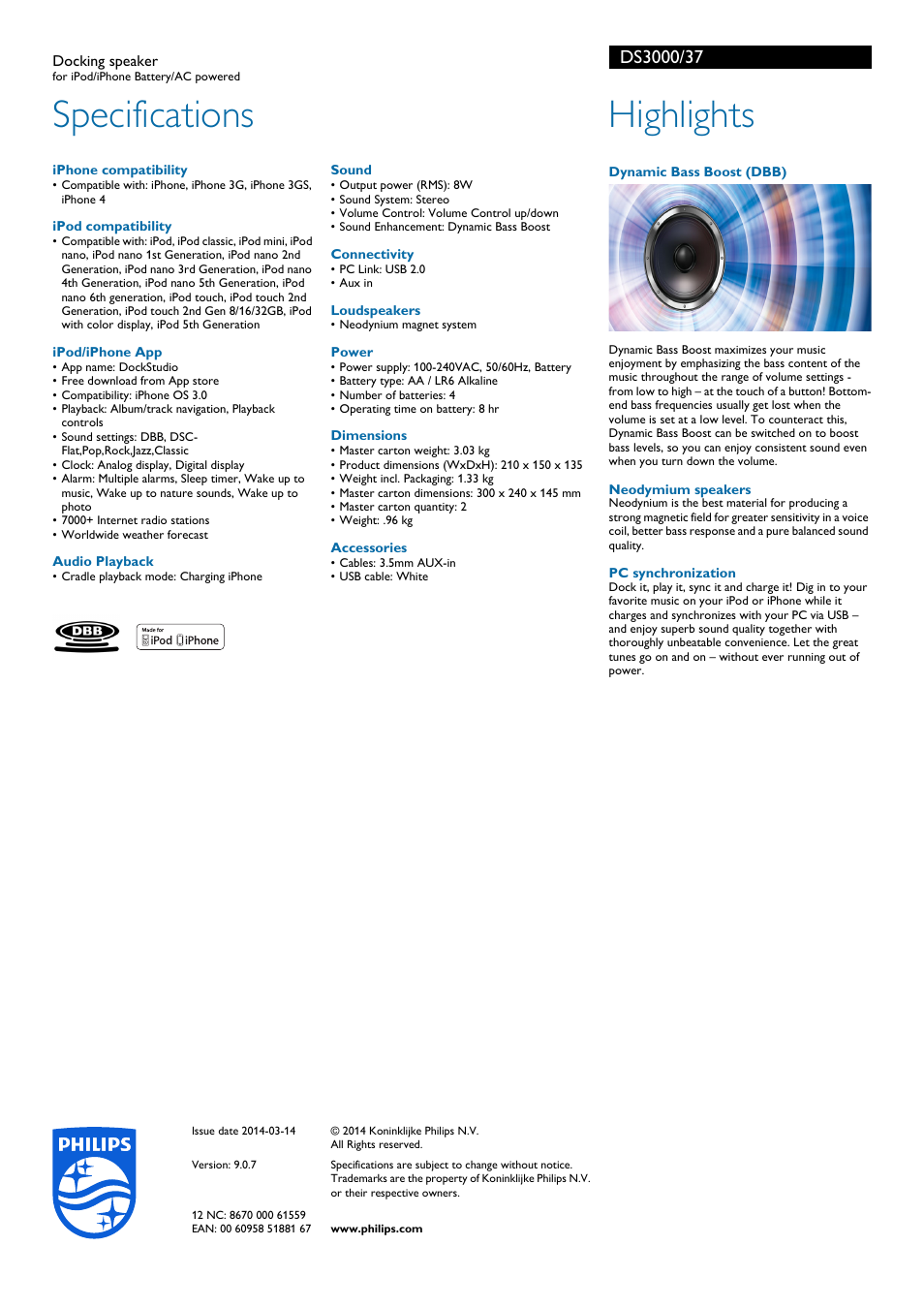 Specifications, Highlights | Philips docking speaker DS3000 for iPod-iPhone Battery-AC powered User Manual | Page 2 / 2