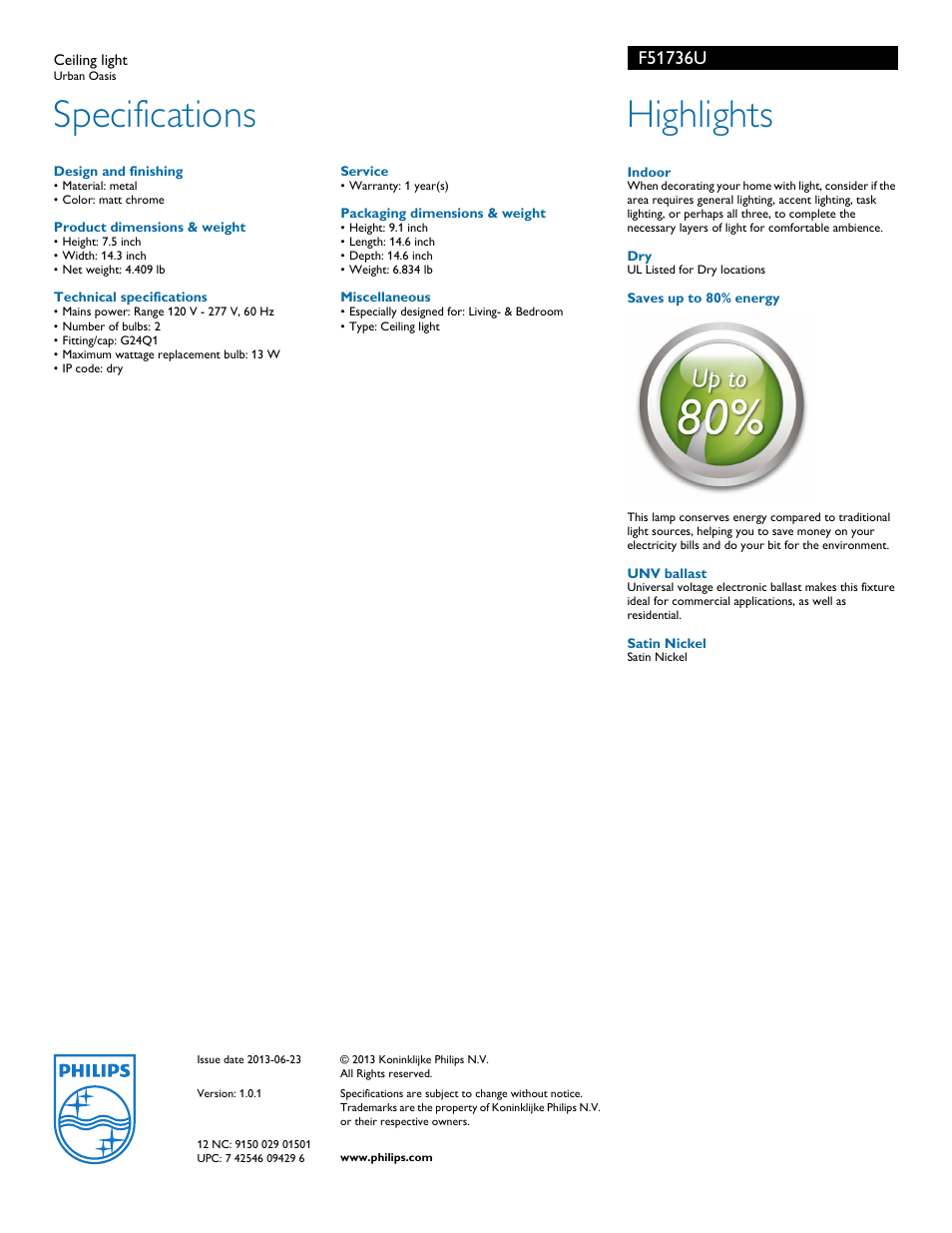 Specifications, Highlights | Philips F51736U User Manual | Page 2 / 2