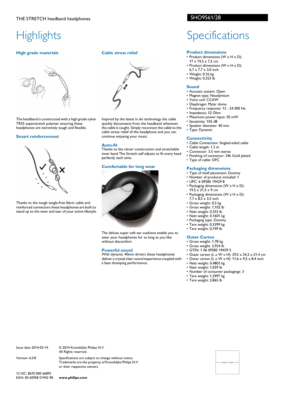 Highlights, Specifications | Philips O'Neill THE STRETCH headband headphones SHO9561 User Manual | Page 2 / 2