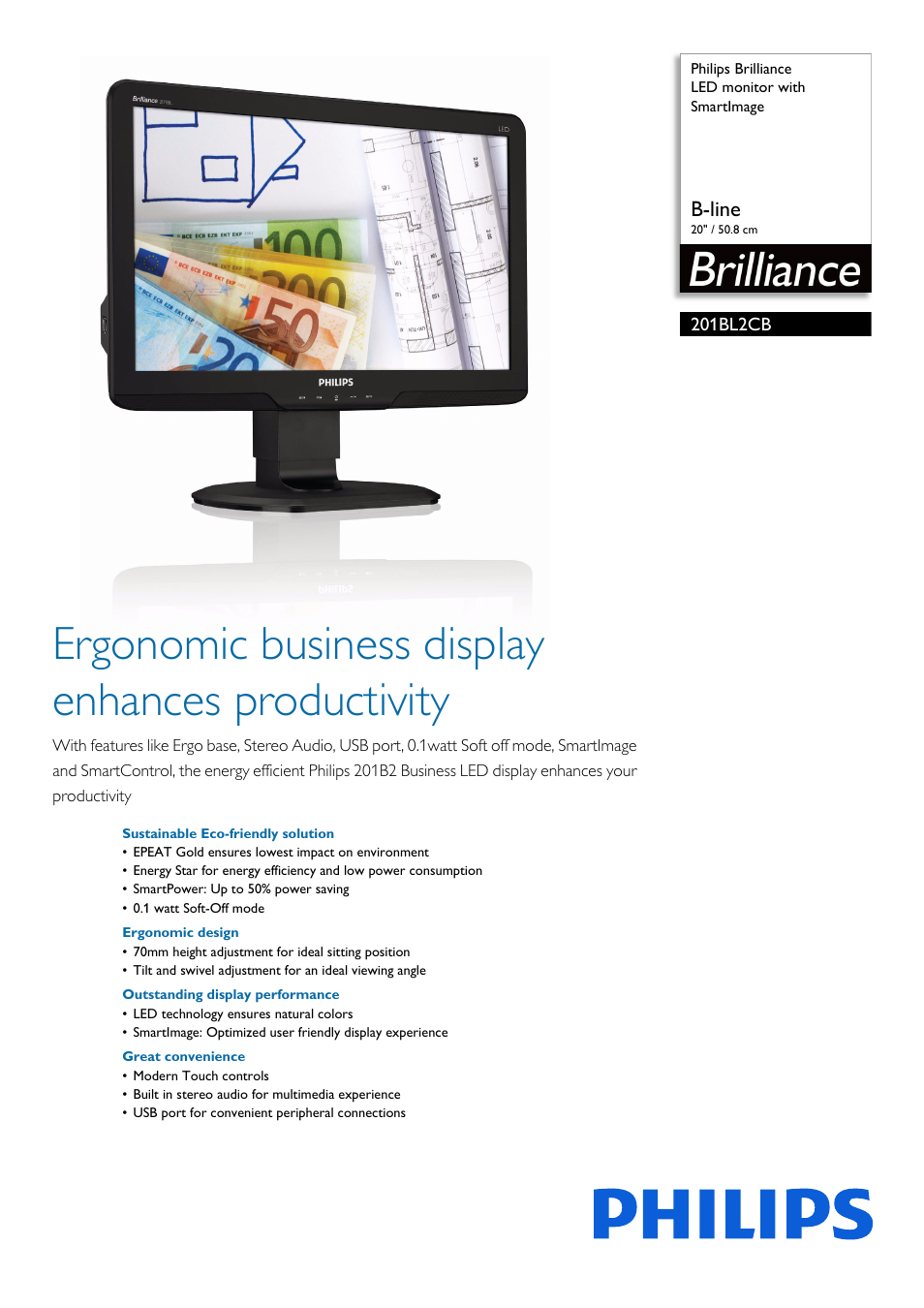 Philips Brilliance LED monitor 201BL2CB B-line 20" - 50.8 cm with SmartImage User Manual | 3 pages