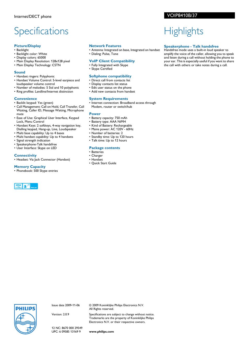 Specifications, Highlights | Philips VOIP8410B-37 User Manual | Page 2 / 2