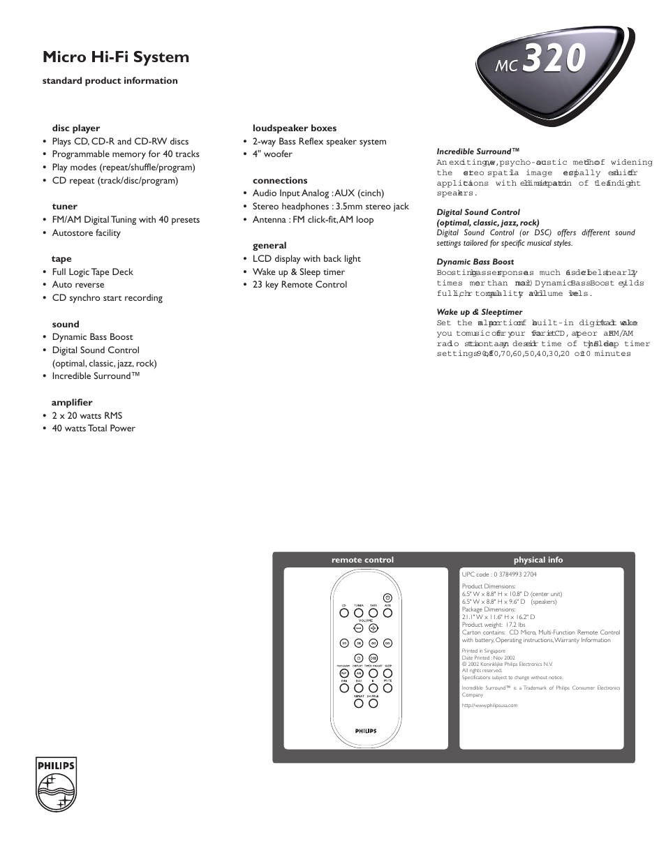 Micro hi-fi system | Philips MC-320-37 User Manual | Page 2 / 2
