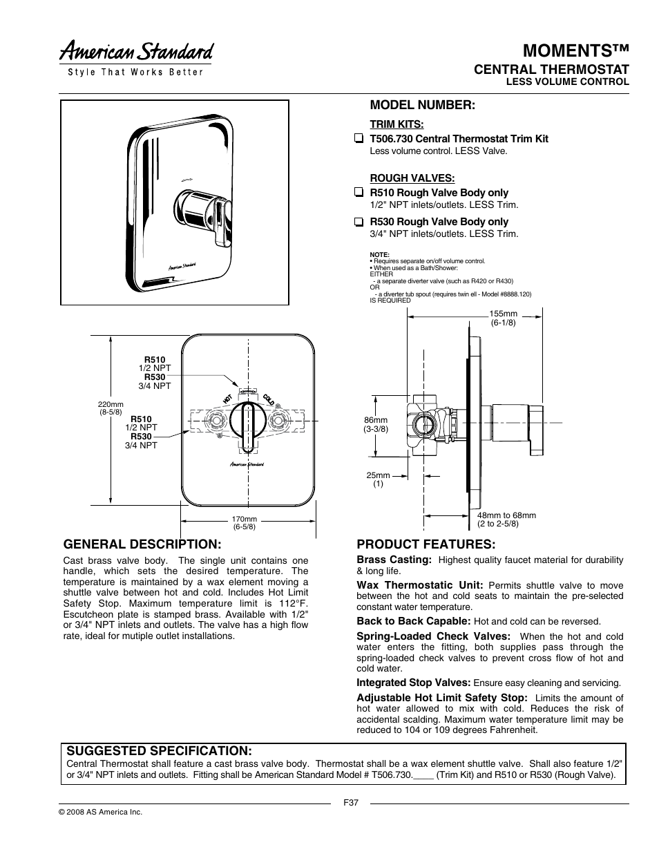 American Standard Moments R510 User Manual | 2 pages