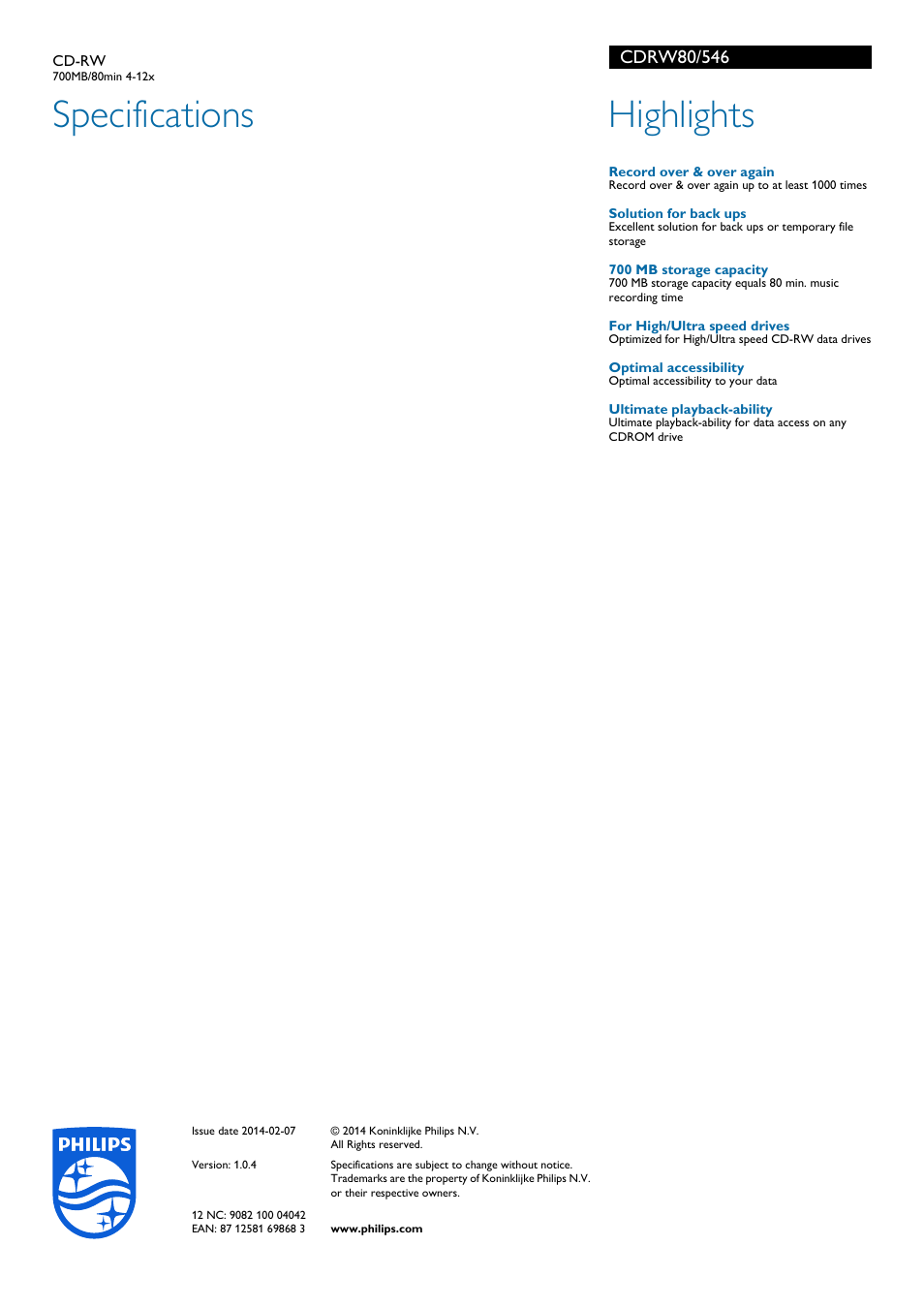 Specifications, Highlights | Philips CDRW80-546 User Manual | Page 2 / 2