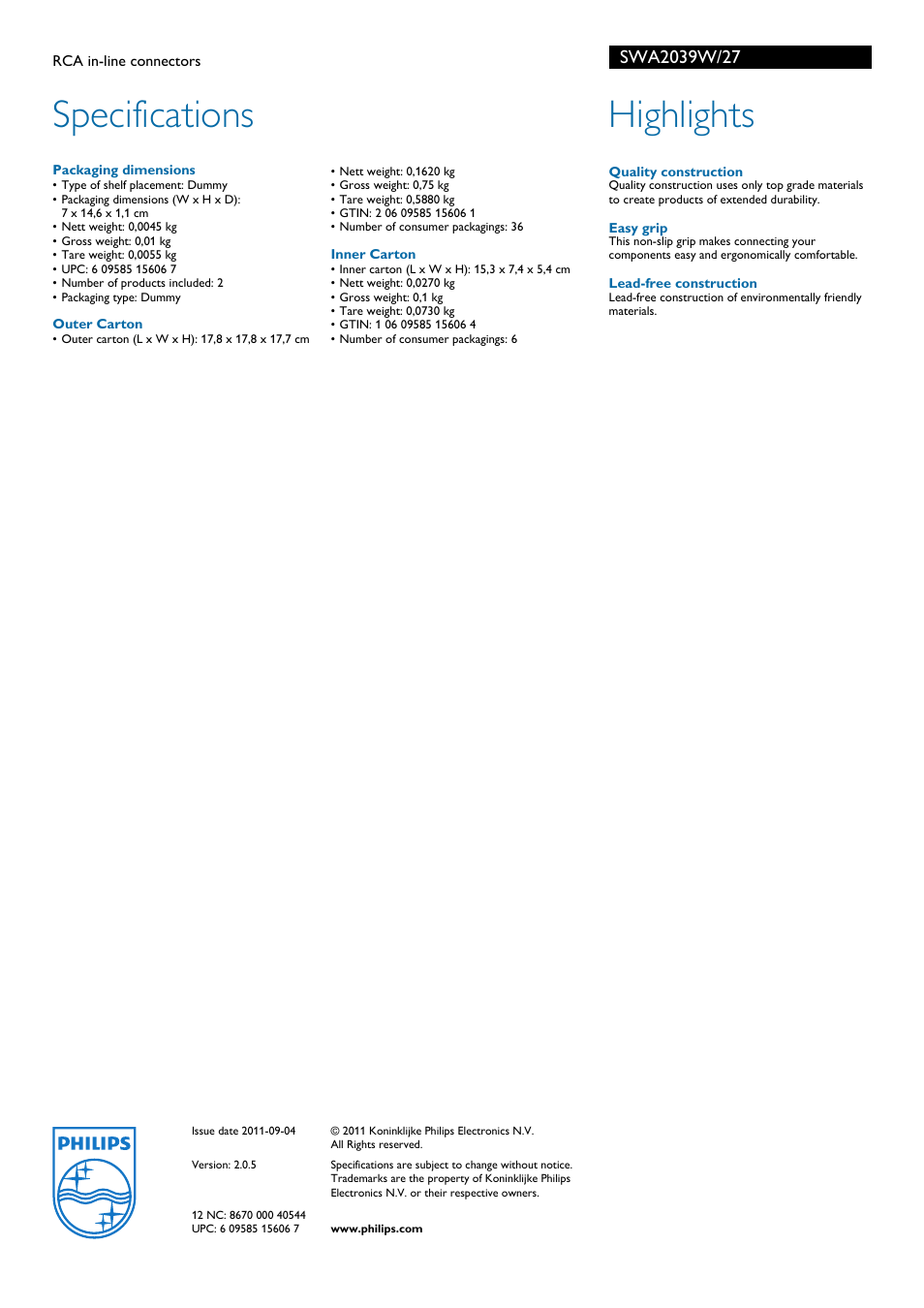 Specifications, Highlights | Philips RCA in-line connectors SWA2039W User Manual | Page 2 / 2