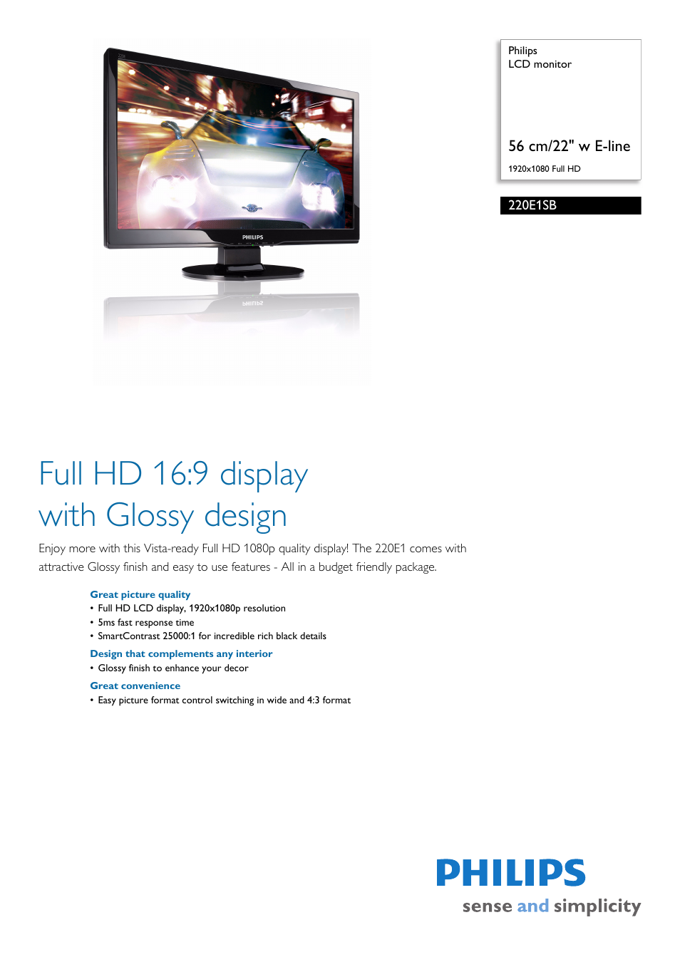 Philips LCD monitor 220E1SB 22"w E-line 1920x1080 Full HD User Manual | 2 pages