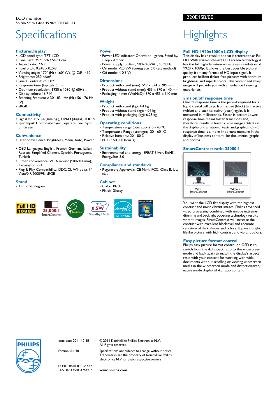 Specifications, Highlights | Philips LCD monitor 220E1SB 22"w E-line 1920x1080 Full HD User Manual | Page 2 / 2