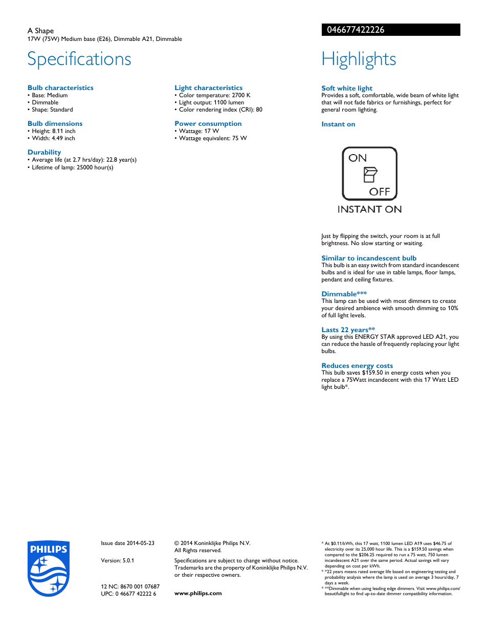 Specifications, Highlights | Philips 046677422226 User Manual | Page 2 / 2