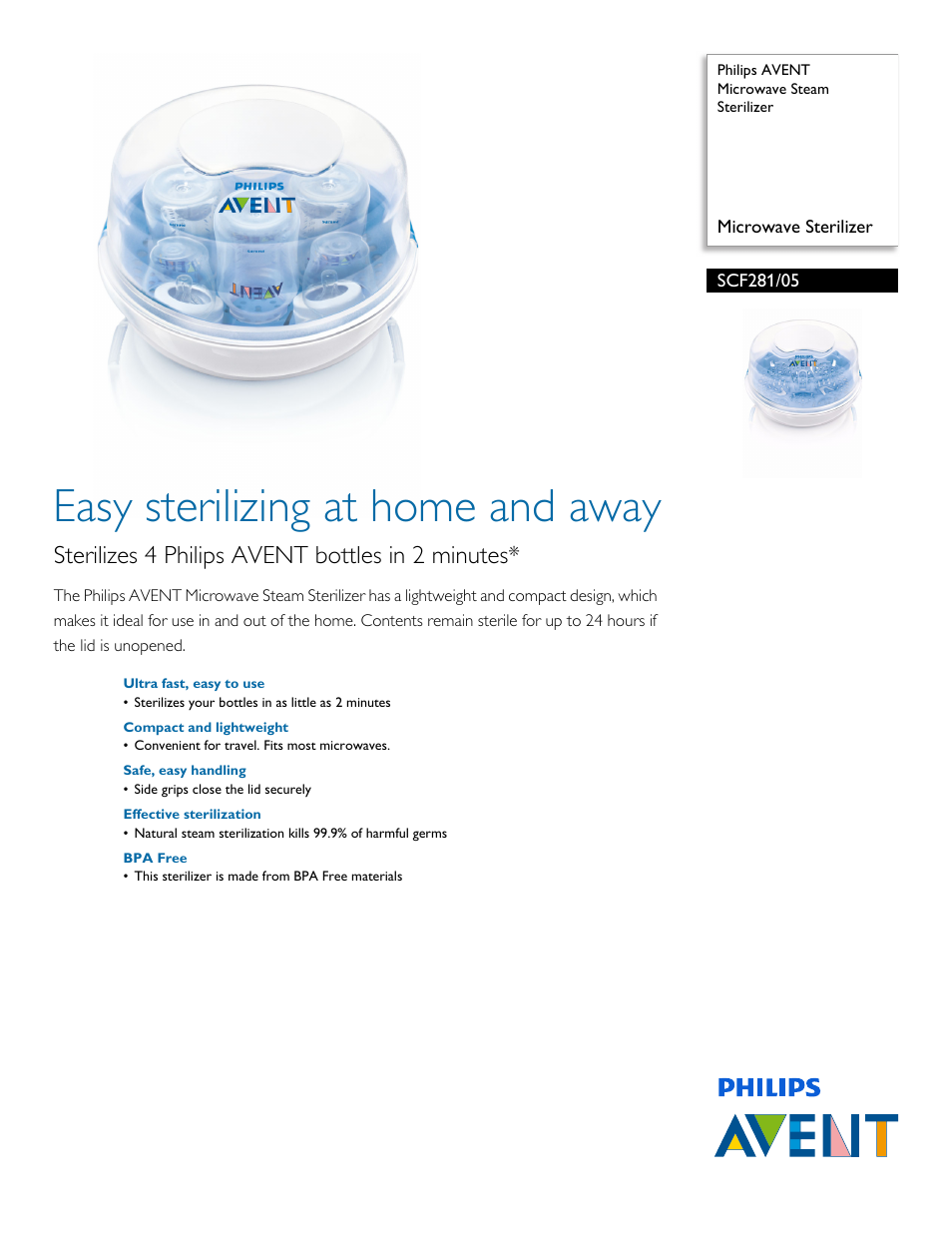 Philips AVENT Microwave Steam Sterilizer SCF281-05 Microwave Sterilizer User Manual | 2 pages