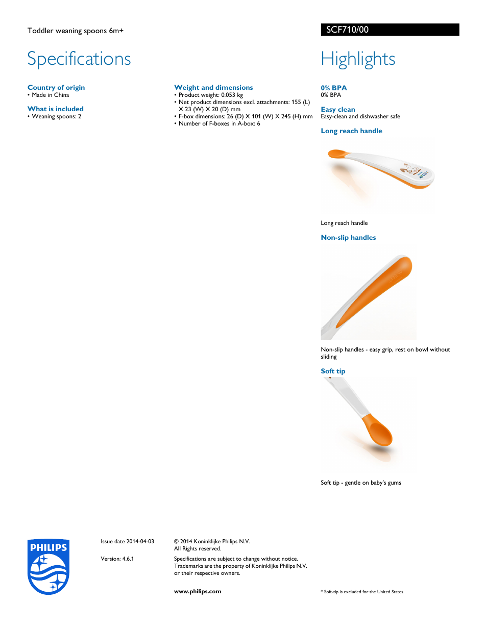 Specifications, Highlights | Philips SCF710-00 User Manual | Page 2 / 2