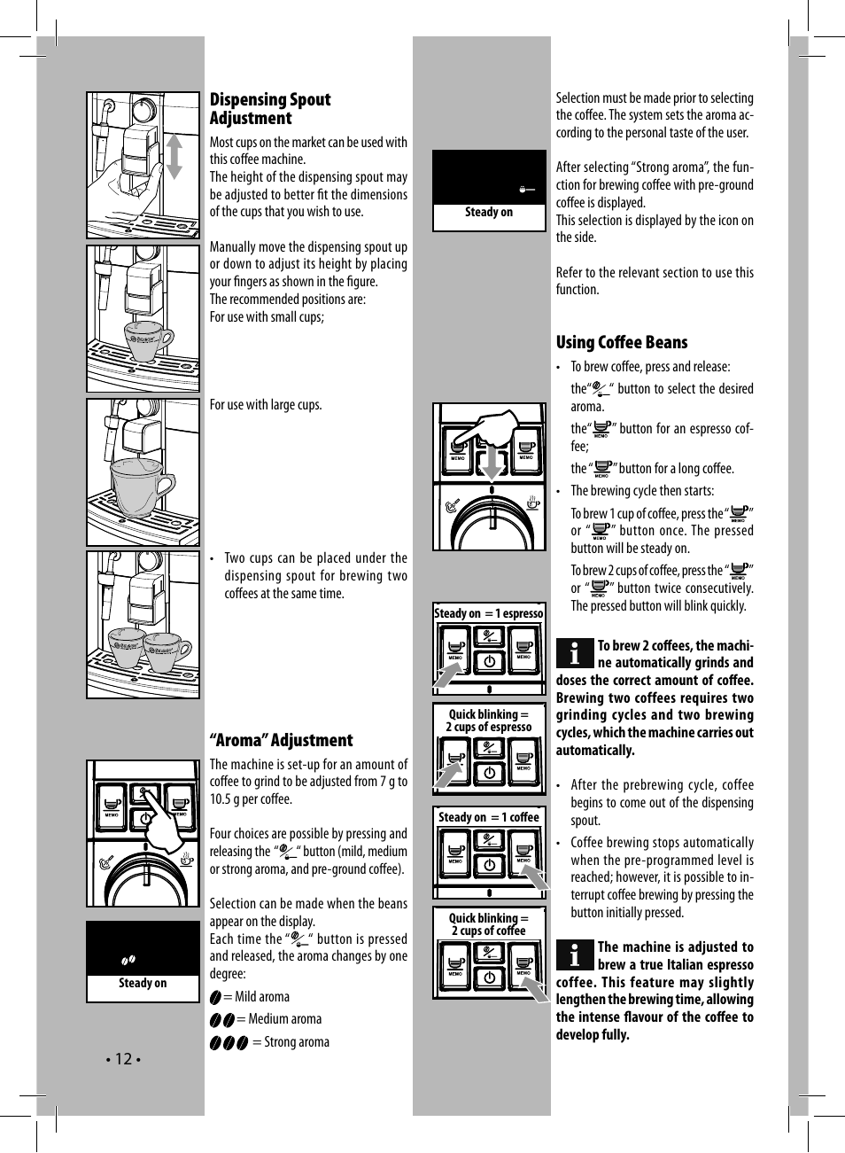 Dispensing spout adjustment, Using coff ee beans, Aroma” adjustment | Philips HD8833-47 User Manual | Page 12 / 28