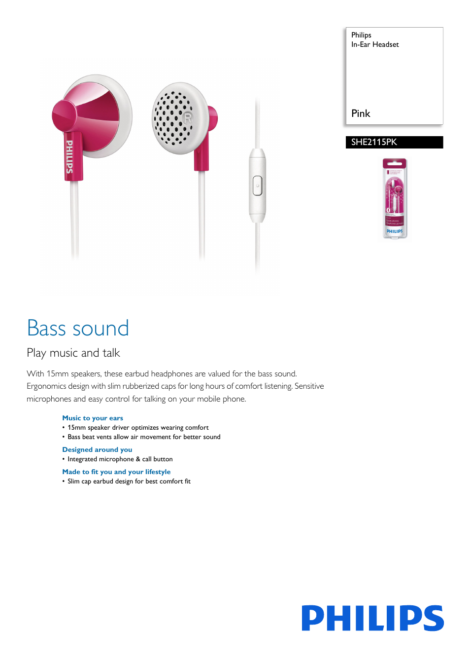 Philips SHE2115PK-00 User Manual | 2 pages