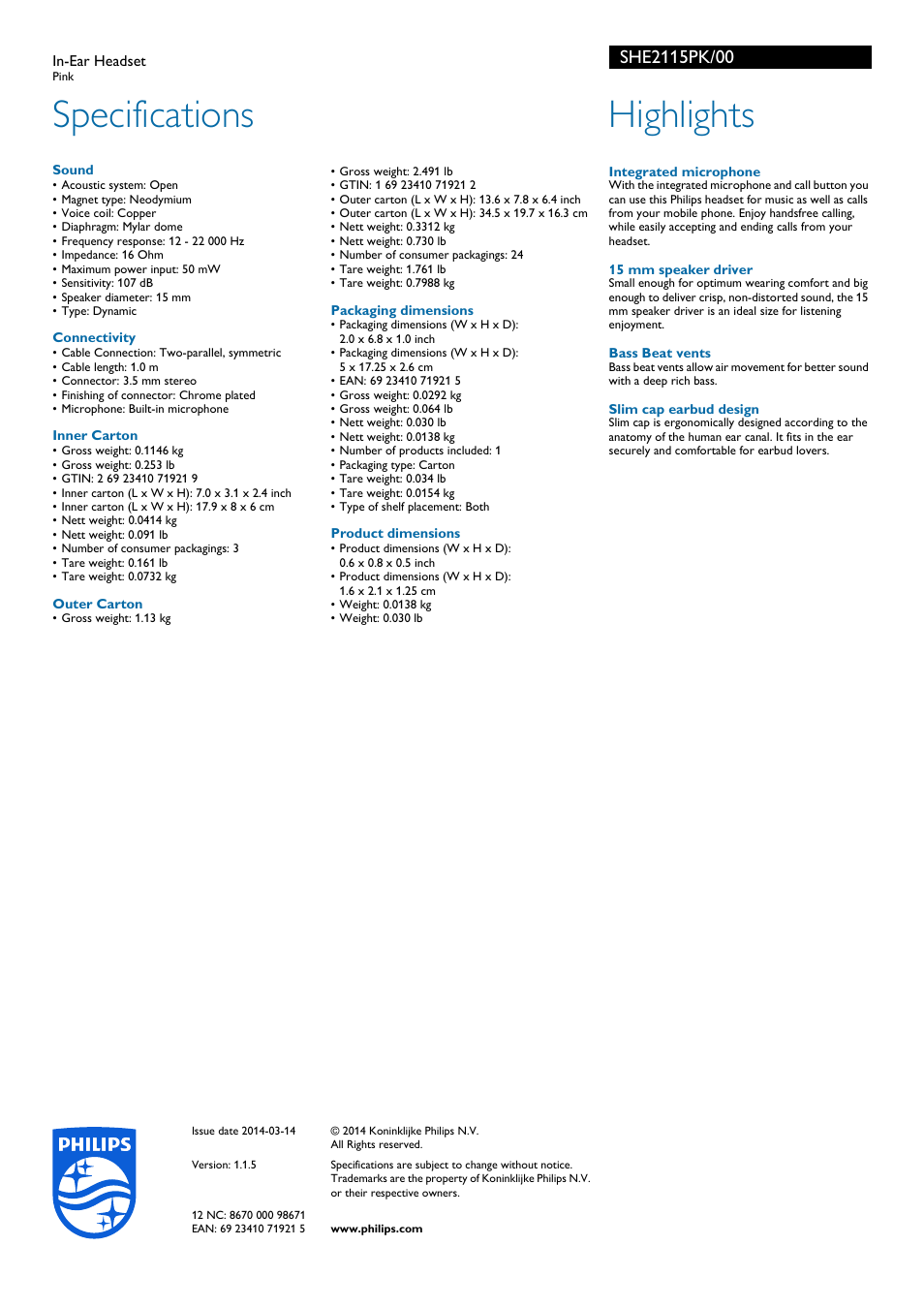 Specifications, Highlights | Philips SHE2115PK-00 User Manual | Page 2 / 2