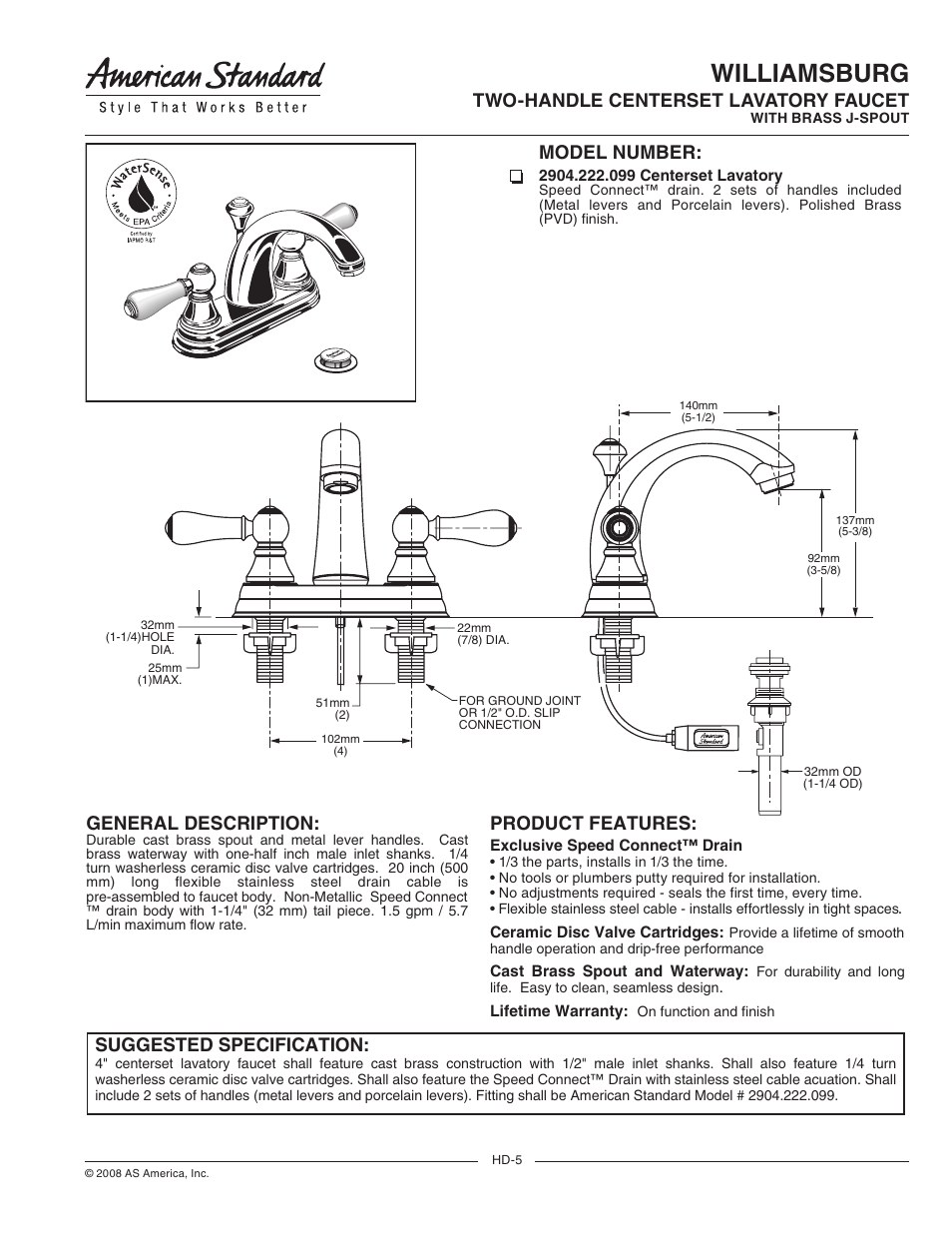 American Standard Williamsburg 2904.222.099 User Manual | 2 pages