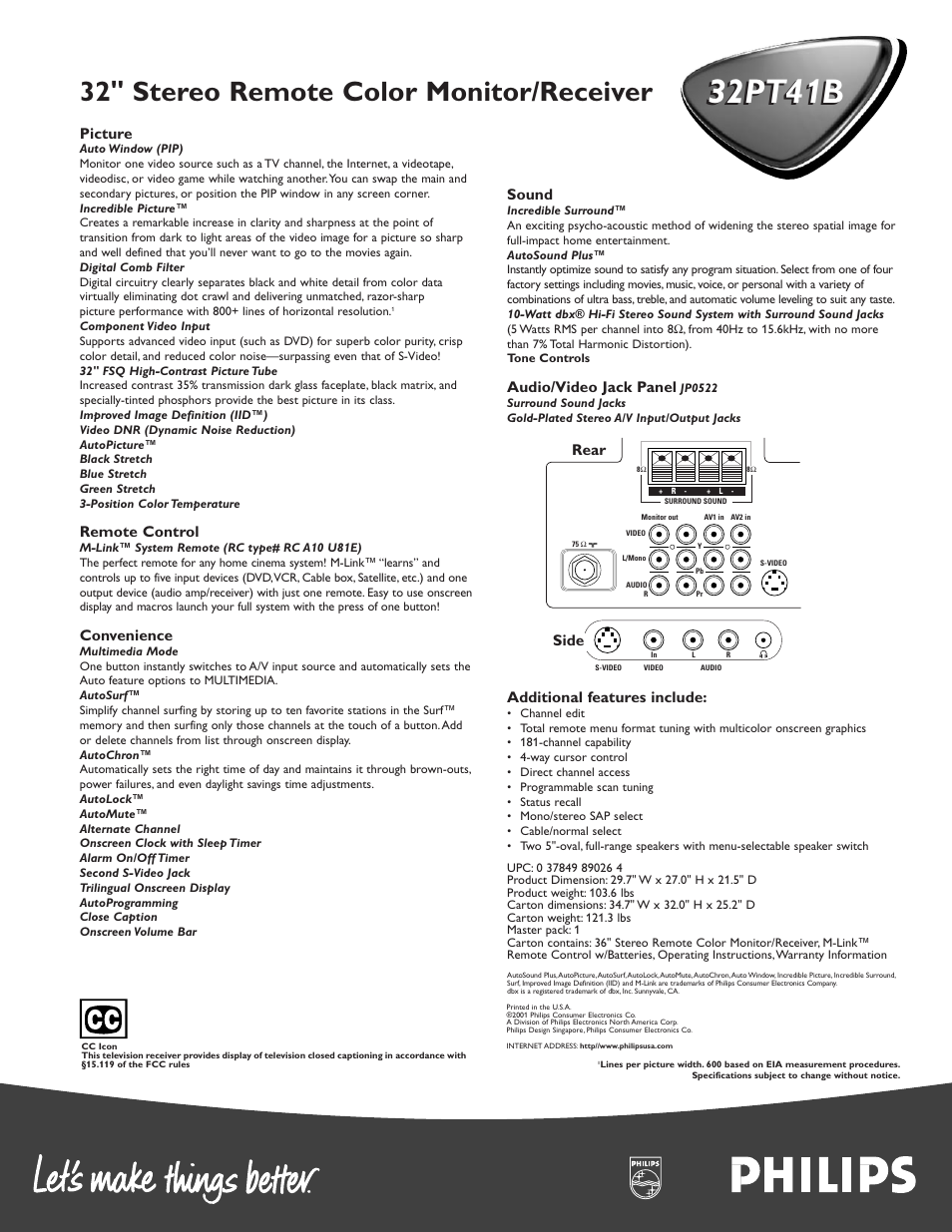32pt41b, 32" stereo remote color monitor/receiver, Picture | Remote control, Convenience, Sound, Audio/video jack panel, Additional features include, Rear side | Philips 32PT41B User Manual | Page 2 / 2