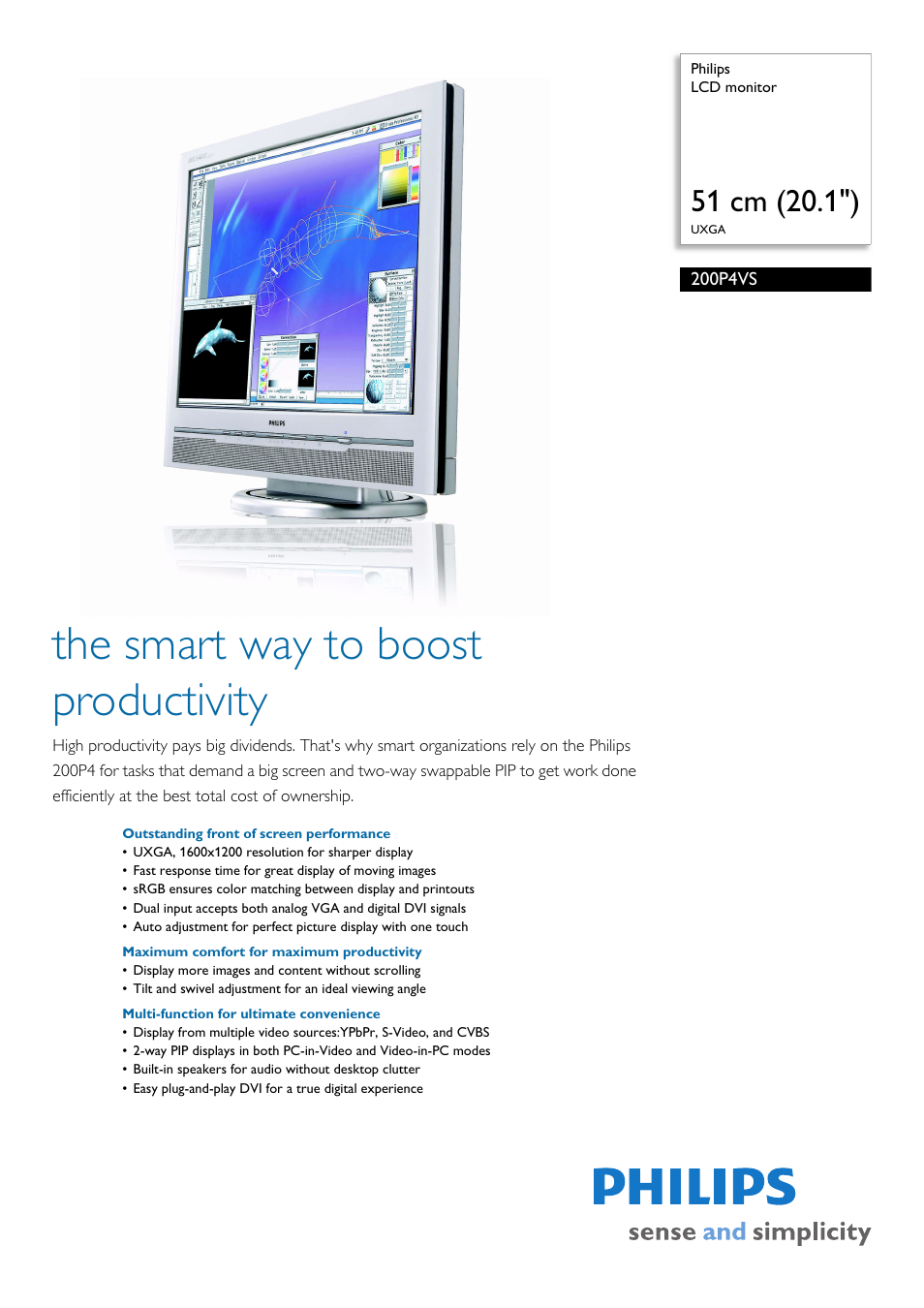 Philips LCD monitor 200P4VS 51 cm 20.1" UXGA User Manual | 2 pages