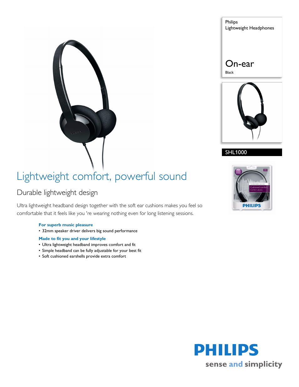 Philips Lightweight Headphones SHL1000 On-ear Black User Manual | 2 pages