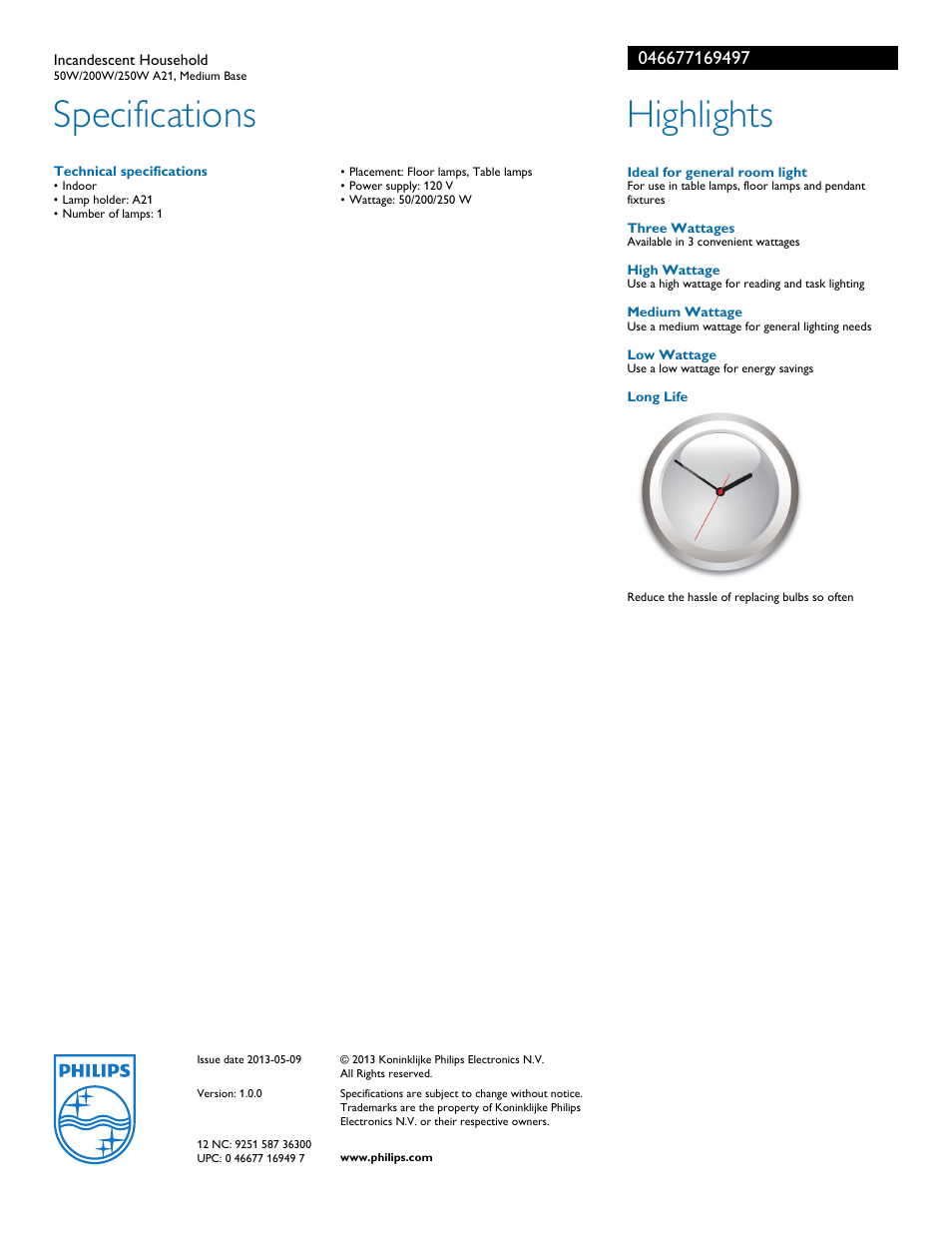 Specifications, Highlights | Philips 046677169497 User Manual | Page 2 / 2