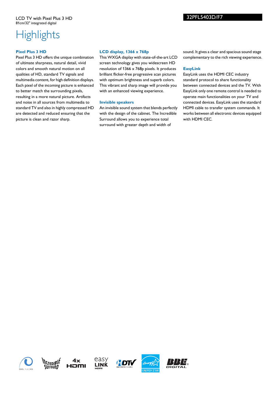 Highlights | Philips 32PFL5403D-F7 User Manual | Page 2 / 3