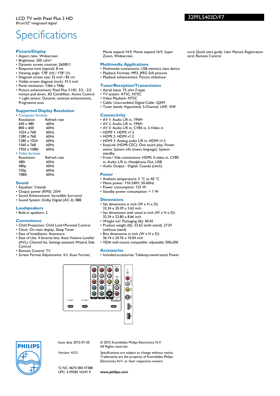 Specifications | Philips 32PFL5403D-F7 User Manual | Page 3 / 3