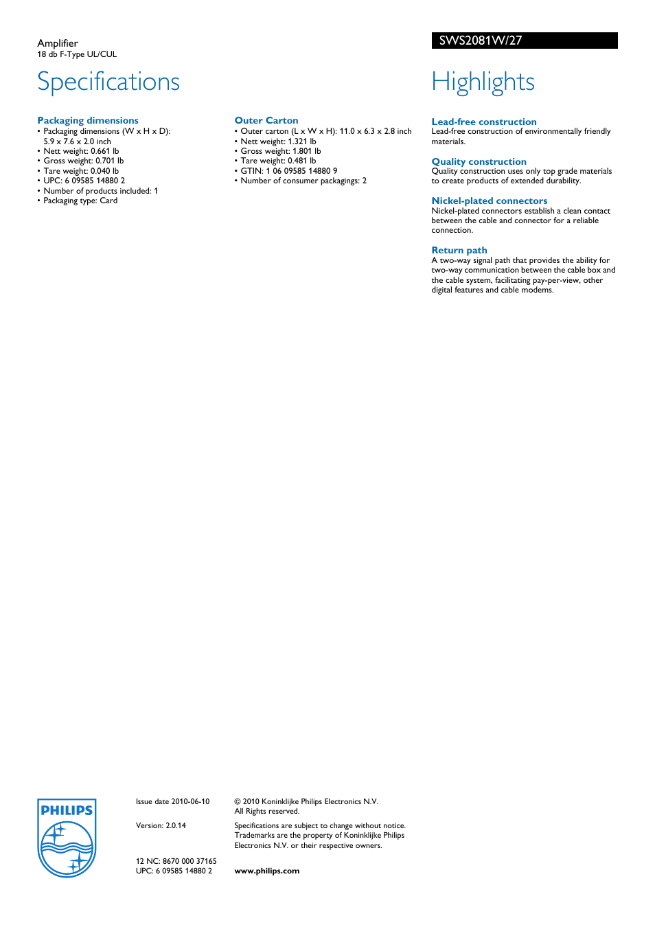 Specifications, Highlights | Philips SWS2081W-27 User Manual | Page 2 / 2