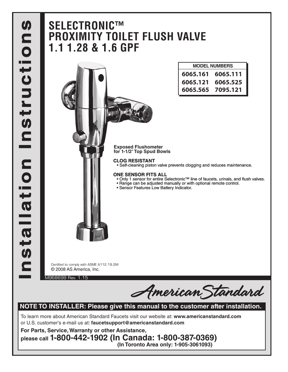 American Standard SELECTRONIC 6065.565 User Manual | 11 pages