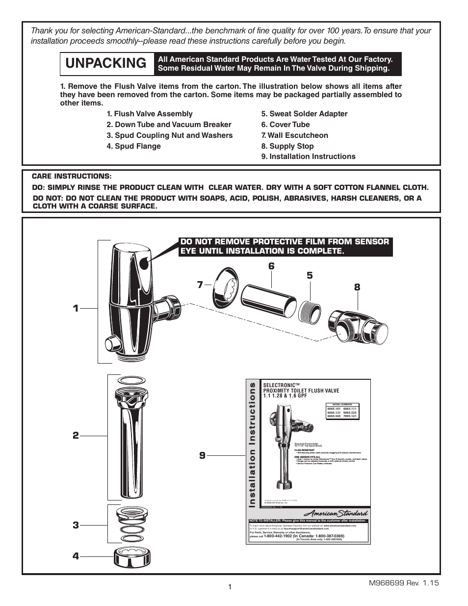 Unpacking | American Standard SELECTRONIC 6065.565 User Manual | Page 2 / 11