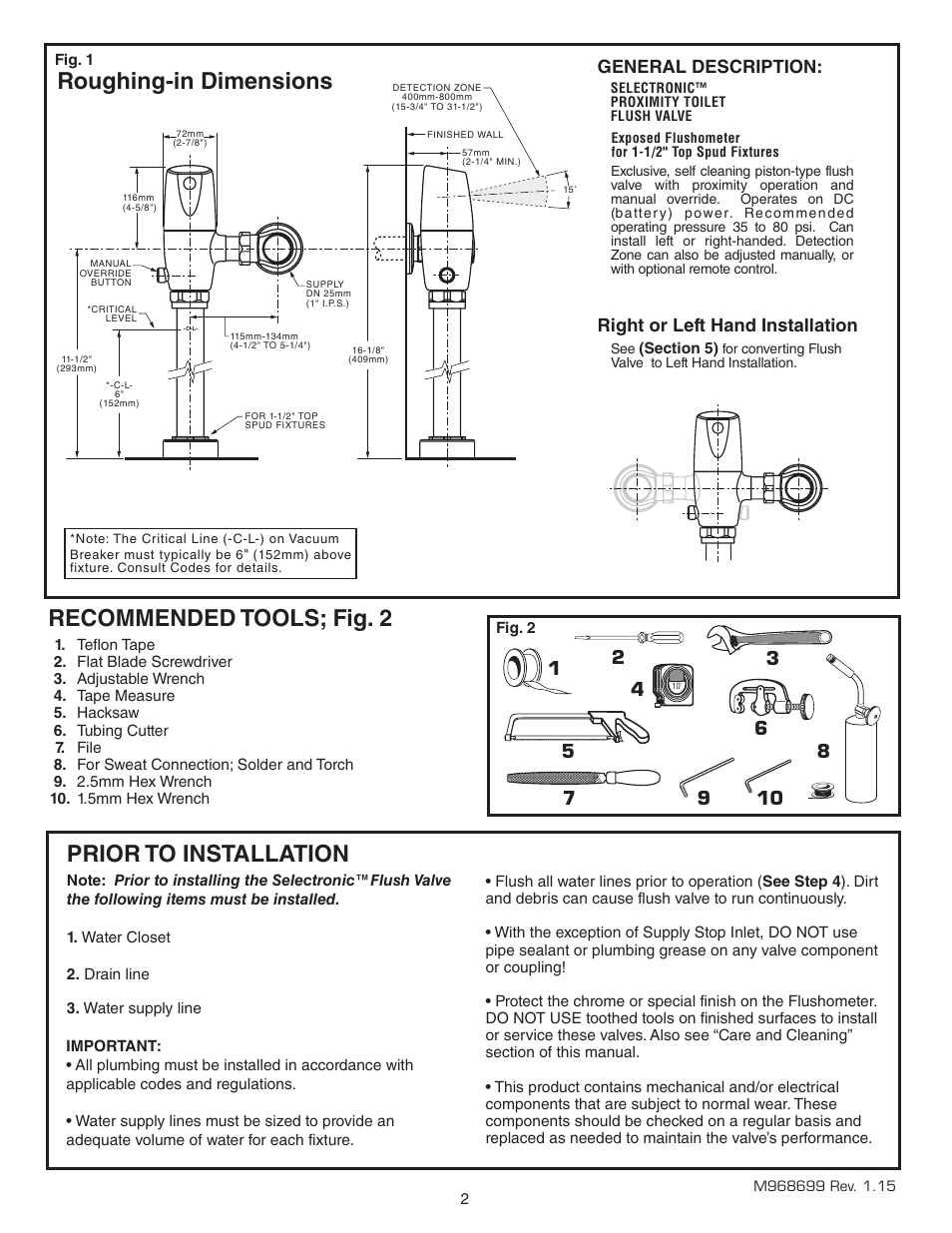 Recommended tools; fig. 2, Prior to installation, Roughing-in dimensions | American Standard SELECTRONIC 6065.565 User Manual | Page 3 / 11