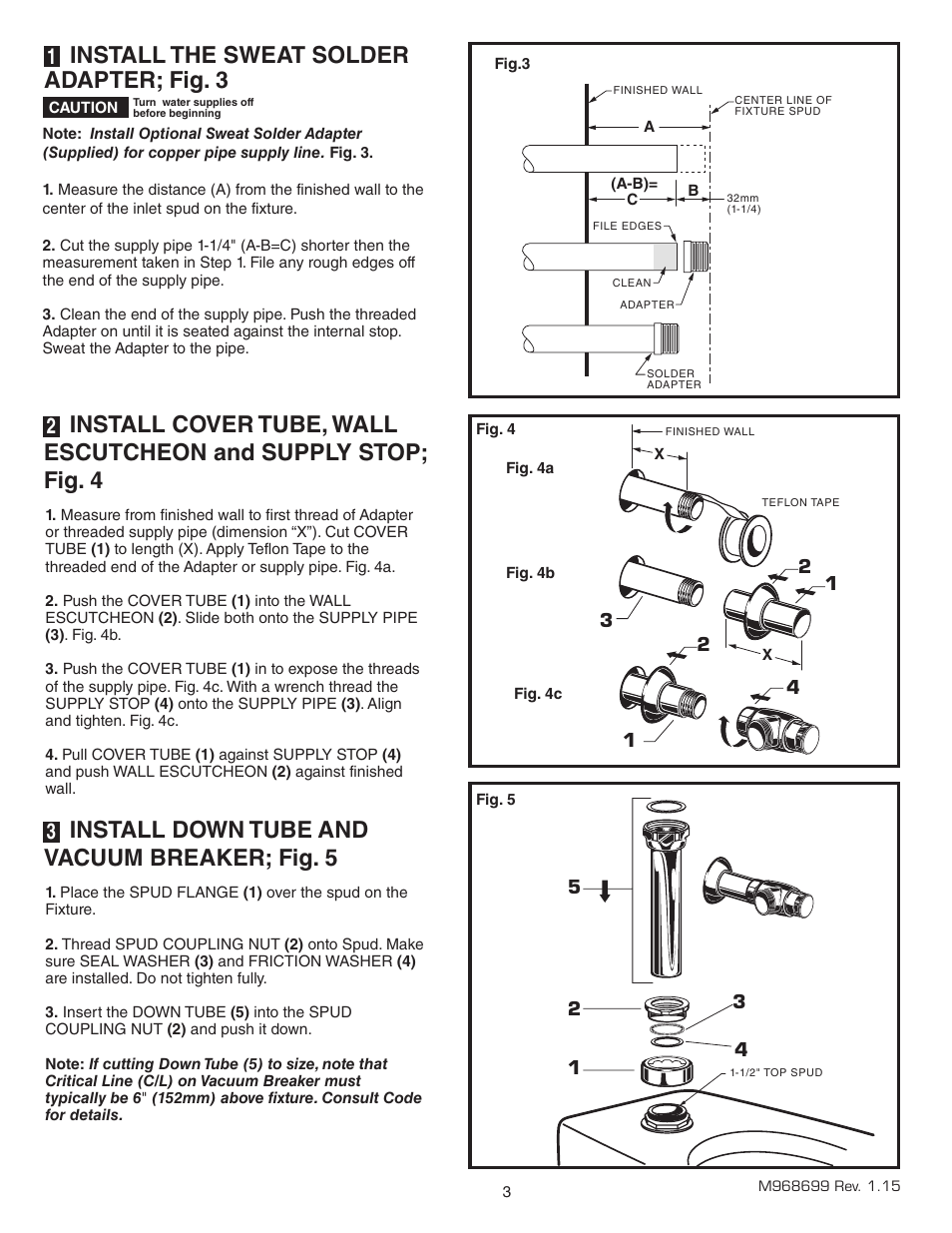 Install the sweat solder adapter; fig. 3, Install down tube and vacuum breaker; fig. 5 | American Standard SELECTRONIC 6065.565 User Manual | Page 4 / 11