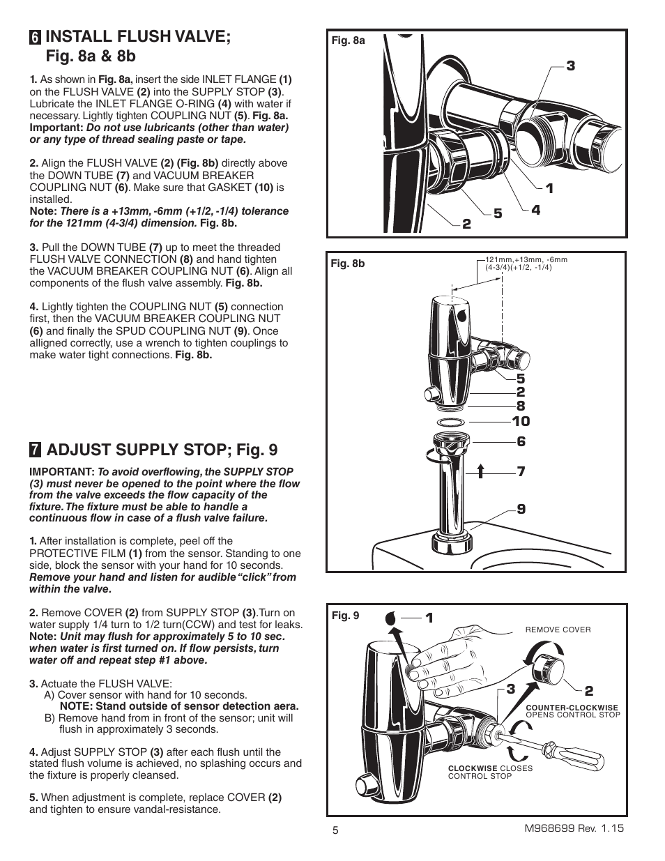 Adjust supply stop; fig. 9, Install flush valve; fig. 8a & 8b | American Standard SELECTRONIC 6065.565 User Manual | Page 6 / 11