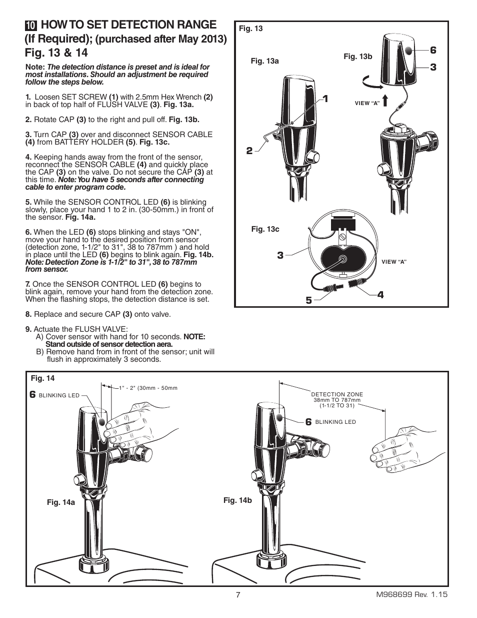 How to set detection range (if required), Fig. 13 & 14, Purchased after may 2013) | American Standard SELECTRONIC 6065.565 User Manual | Page 8 / 11