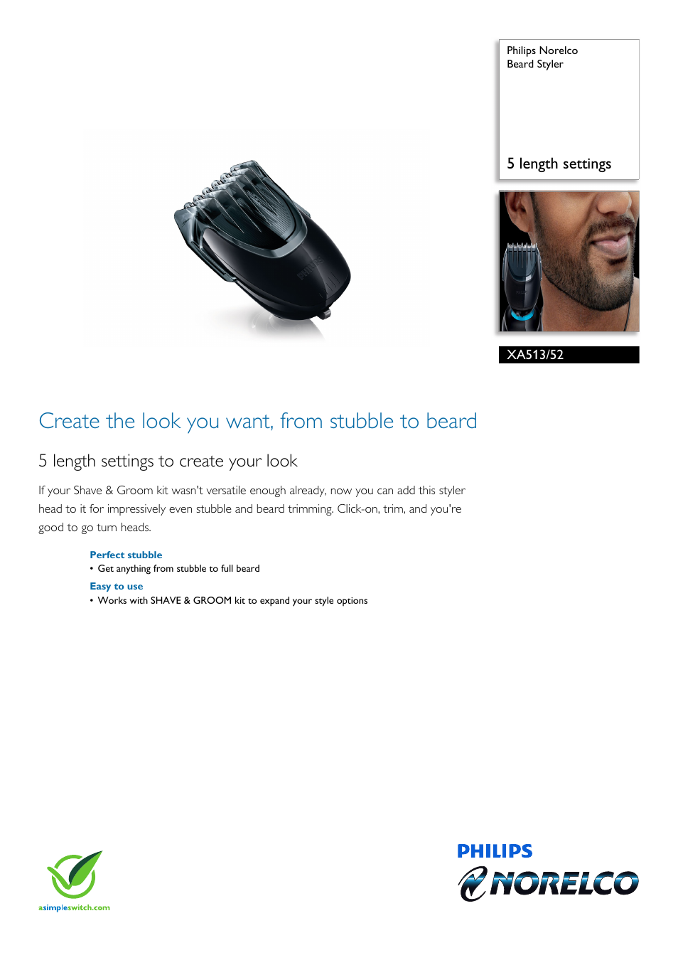 Philips Norelco Beard Styler XA513-52 5 length settings User Manual | 2 pages
