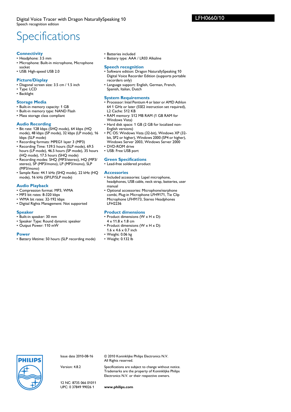 Specifications | Philips LFH0660-10 User Manual | Page 3 / 3